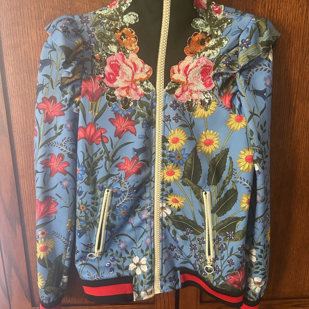 Gucci Blue Floral Bomber Jacket with Red & Yellow Accents